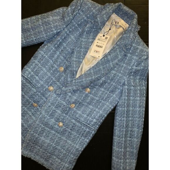 Zara M BLAZER JACKET Tweed Long sky BLUE silver crystallized buttons oversized - Picture 8 of 11